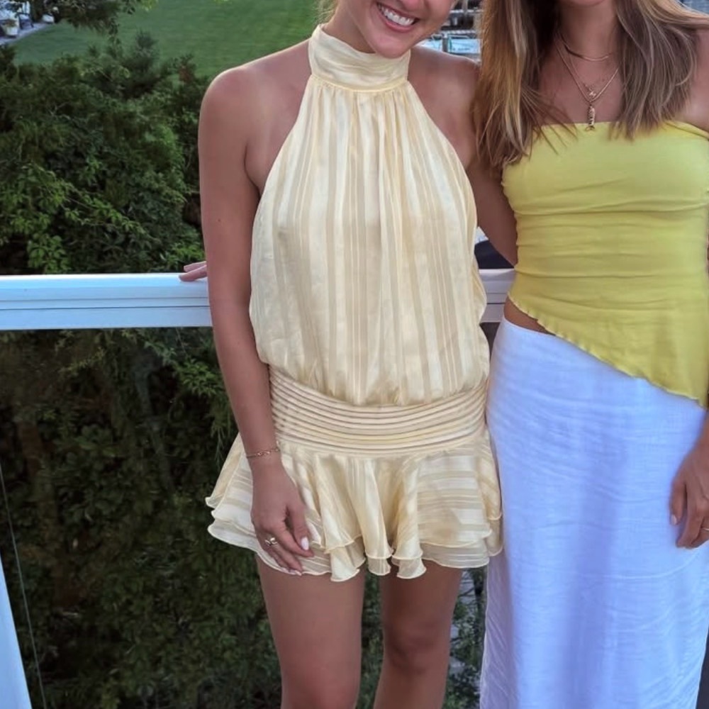 Peppermayo Pale Yellow Backless Halter Mini Dress